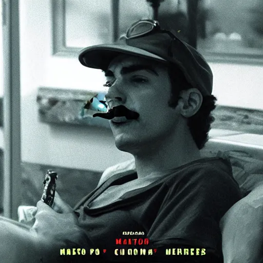 Prompt: Mario smoking weed in an A24 film aesthetic