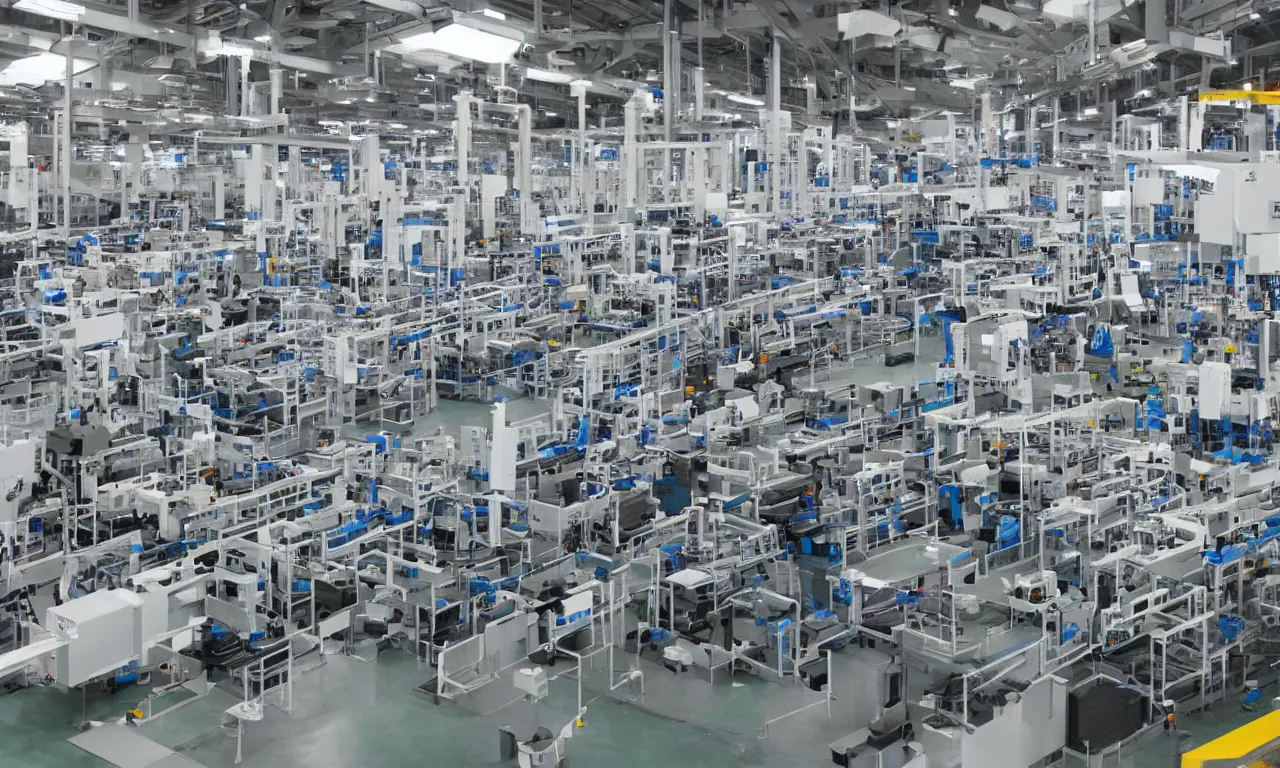 Image similar to modern automated production line with big robotic arms, one row, white, bright, technology, straight on, straight camera view