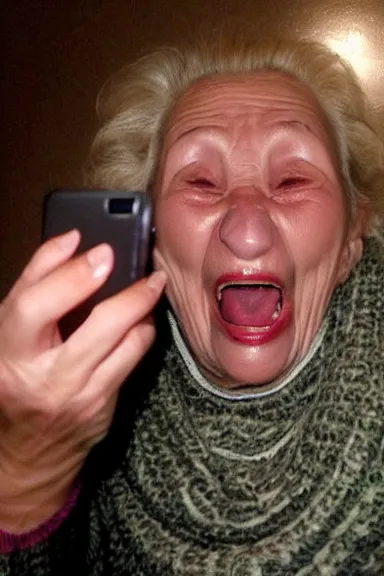 Image similar to an old grandma squinting and screaming because she accidentally took a selfie with the flash on in the dark