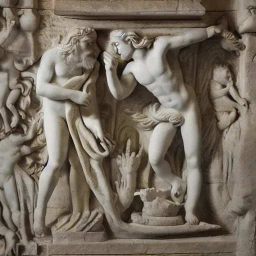 Image similar to base relief of mythological scene, marble