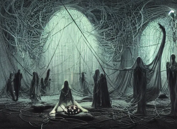 Image similar to satanic ritual, neon, they are watching, RGB, glowing wires everywhere, pristine, by Edgar Maxence and Ross Tran, Zdzisław Beksiński, and Michael Whelan, distant, gustav dore, H.R. Giger, 8k, octane render