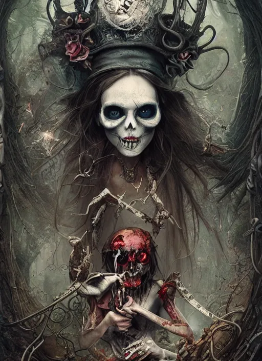 Image similar to alice in wonderland death tarot card, highly detailed, half skull face, cinematic, 8 k, by stanley artgermm, tom bagshaw, greg rutkowski, carne griffiths, ayami kojima, beksinski, giger, trending on deviantart, hyper detailed, horror, full of colour