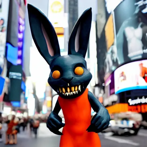 Prompt: a realistic plasticine sculpture of a very scary bunny with sharp teeth made by michelangelo, standing in times square, 3 d render, hyper detailed, sharp focus, 8 k resolution