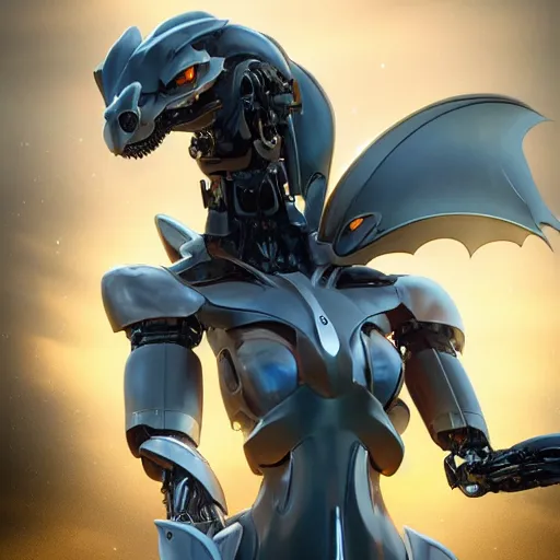 Image similar to bust of a beautiful anthropomorphic humanoid robotic mecha female dragon, with smooth and streamlined armor, standing and posing elegantly, well detailed dragon head with LED eyes and a maw, sharp and dangerous sleek design, two arms, two legs, long tail, beautiful digital art, artstation, DeviantArt, FurAffinity, professional, octane render, sunset lighting