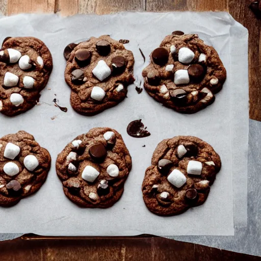 Prompt: opulent banquet of freshly baked chocolate chip cookies, delicious, glistening, chocolate sauce, marshmallows, highly detailed, food photography, art by rembrandt
