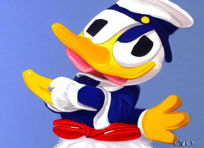 Image similar to detailed concept art of a cute iconic anthropomorphic duck character wearing a sailor suit by wlop on bcy. net, realistic. feathers, art by cheng yi. donald duck