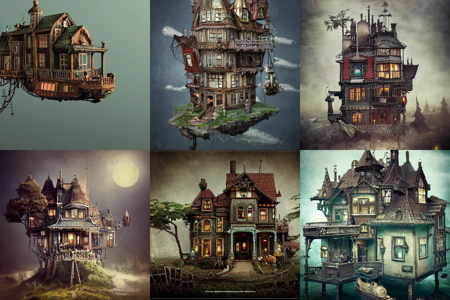 Prompt: Alexander Jansson Style, flying house victorian in a race competition, ealistic, Many Details, Ultra Detailed, Octane Render, Real Engine 5 Cinematic, Realistic, Intricate Detail, Finely Detailed, Small Details, Extra Detail, Extra Detail, Extra Detail, Extra Detail More details, tiny details, high resolution, 3D, PBR, path tracing, volumeric lighting, octane render, Arnold Render, 8k