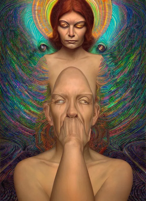 Image similar to portrait ultra dimensional cult woman shaman, enlightenment tripping on dmt, psychedelic experience, ultra high definition, unreal engine 5, hyperrealism, masterpiece composition, single person, by michael parkes, casey weldon, barclay shaw