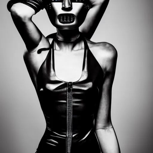 Prompt: fashion photography of an extraterrestrial model with the mouth open, wearing demobaza fashion, inside berghain, berlin fashion, harness, futuristic fashion, dark minimal outfit, photo 3 5 mm leica, hyperdetail, berghain, 8 k, very detailed, photo by nick knight