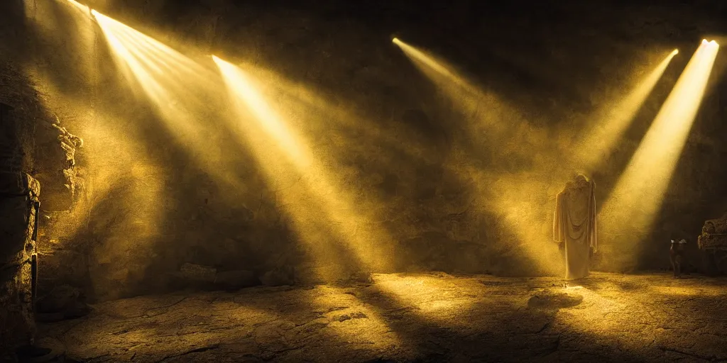 Image similar to gods basement filled with treasures and gold coins, divine, shinig rays of light, 8 k photography, cinematic light, award winning