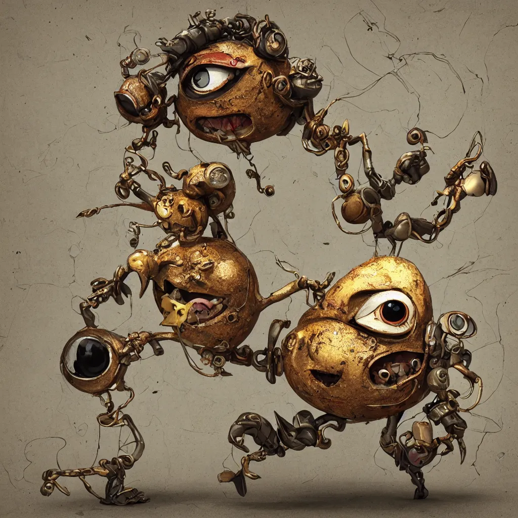 Image similar to , grotesque despair cute monster smooth paneling, one large gold eye intricate detail, style of pokemon, with damaged rusty arms, broken antenna, recycled, floating, white studio, oil, mechanical, toy, ambient light, in the style of pixar animation, pokedstudios, blender, octane render, 8 k, gediminas pranckevicius