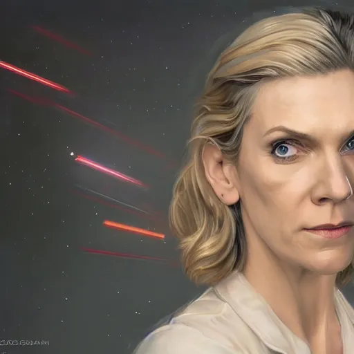 Image similar to portrait painting of rhea seehorn with red laser beams shooting out of her eyes, beautiful detailed face, ultra realistic, concept art, intricate details, serious, highly detailed, photorealistic, smooth, sharp focus, featured on artstation, 8 k