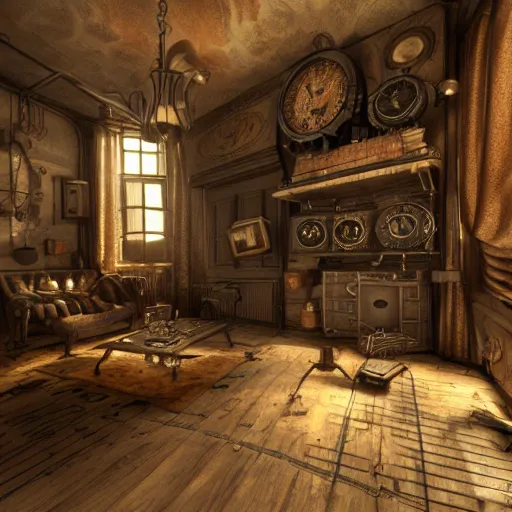 interior of a cluttered steampunk clock shop, father