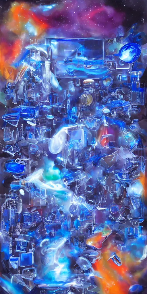 prompthunt: surreal airbrush painting of Cyber y2k aesthetic blue  translucent gadgets and shapes, surreal space, 2000s
