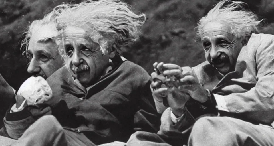 Prompt: Albert Einstein sat on a beach relaxing