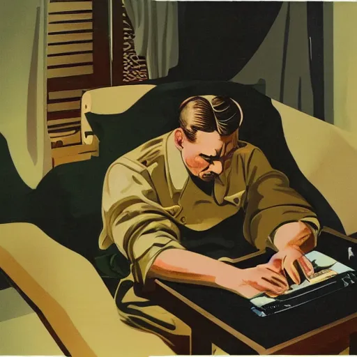 Image similar to a man sleeping at a computer is stung by a bumblebee, ww 2 allied propaganda poster, no text, highly detailed