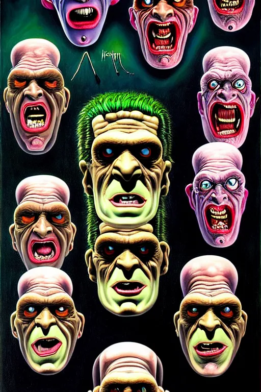 Image similar to a hyperrealistic painting of frankenstein monster heads, cinematic horror by basil wolverton, lisa frank, richard corben, kris kuksi, highly detailed, vivid color,