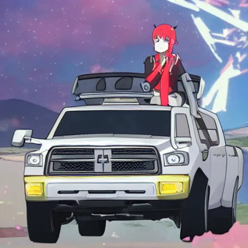 Image similar to zero two from darling in the franxx driving a dodge ram