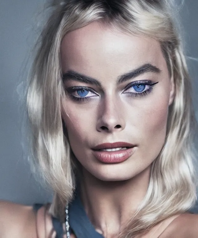 Prompt: a color photograph of margot robbie, by thomas ruff, platinum blond, intense, bold, exaggerated, ultra sharp, extra details, ultra high quality, trending on pinteresst