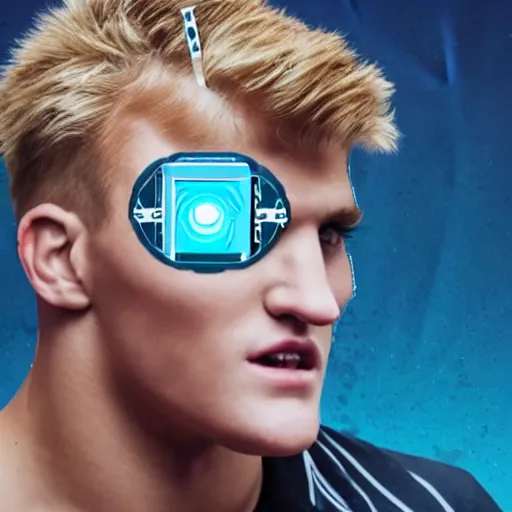 Image similar to a realistic detailed photo of boxer & youtuber jake paul with a mind control chip on his head, blank stare, shiny skin, becoming a mindless robot