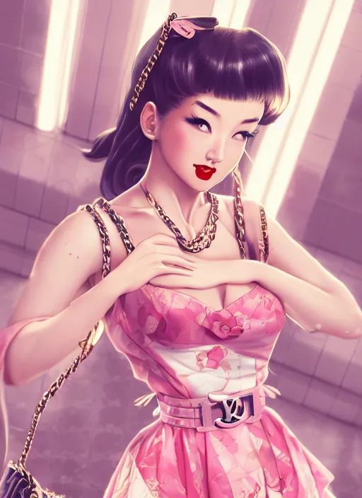 Image similar to a pin up and beautiful fashion dreamlke japan girl with lv jewelry, character art, art by artgerm, wlop, loish, hyperdetailed, 8 k realistic, symmetrical, global illumination, radiant light, frostbite 3 engine, cryengine, dof, trending on artstation, digital art, chanel, dior, detailed background