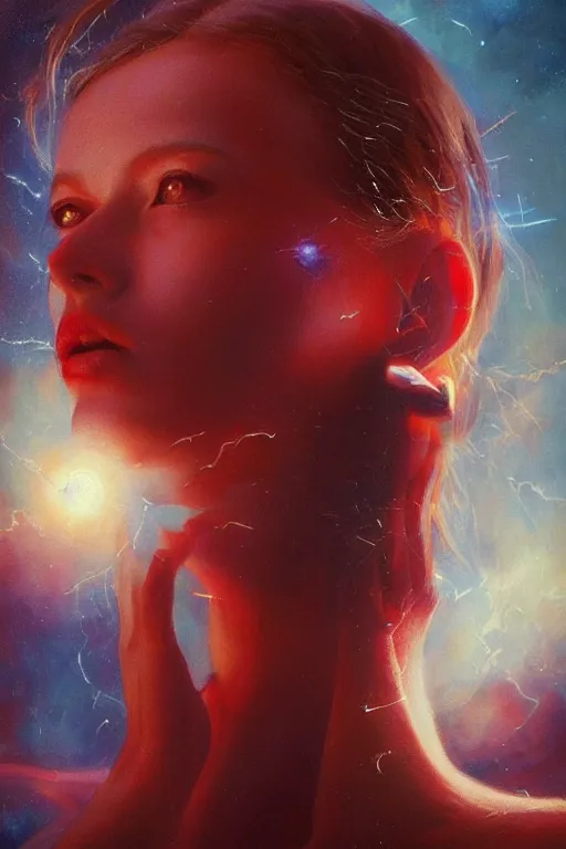 Image similar to 3 d, sci - fi, morning, sleepy fashion model face, sun, cinematic, lightning clouds, vogue cover style, light red and deep blue mood, realistic painting, intricate oil painting, high detail, figurative art, multiple exposure, poster art, 3 d, by stanley kubrick and tooth wu and wlop and beeple and greg rutkowski