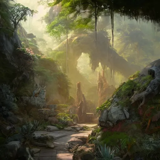Prompt: concept art of a jungle path with a huge overgrown stone statues, religious, in the style of fenghua zhong and ruan jia and jeremy lipking and peter mohrbacher, mystical colors, rim light, beautiful lighting, 8 k, stunning scene, raytracing, octane, trending on artstation