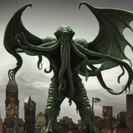 Image similar to high quality concept art of many huge statues of cthulhu in downtown, crowded people, dark fantasy, highly detailed, cinematic lighting