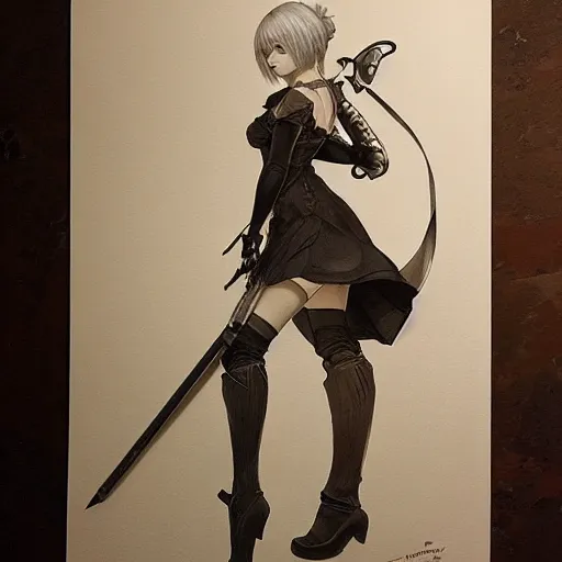 Image similar to amazing lifelike award winning pencil illustration of 2 b from nier trending on art station artgerm greg rutkowski alphonse mucha cinematic