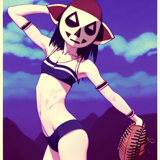 Image similar to beautiful boyish natalie portman gravure model in majora's mask, wearing wooden mask and baseball cap and leotard, street wear with subtle mayan patterns, aztec bathing suit, gapmoe yandere grimdark, trending on pixiv fanbox, painted by greg rutkowski makoto shinkai takashi takeuchi studio ghibli, akihiko yoshida