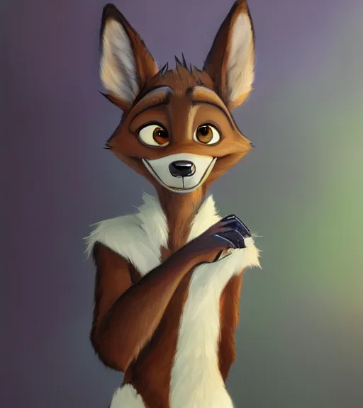 Image similar to oil painting of detailed full body of anthromorphic female wolf, in style of zootopia, zootopia, zootopia, fursona, furry, furaffinity, 4 k, deviantart, furry art, fursona art, wearing black business suit, business suit, in style of zootopia, wolf fursona, cyberpunk, female, expressive detailed feminine face,