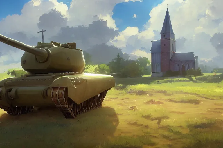 Image similar to a tank with a church instead a gun plattform, scene in an open field. key visual, conceptart, ambient lighting, highly detailed, digital painting, artstation, concept art, sharp focus, by makoto shinkai and akihiko yoshida and greg manchess