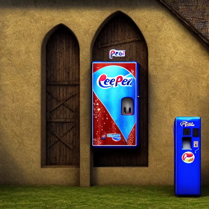 Image similar to pepsi vending machine outside a medieval house in a fantasy village. a woman is standing next to the vending machine. extremely high details, realistic, fantasy art, cinematic, octane render, masterpiece, artstation contest winner, art by johannen voss, frank frazetta