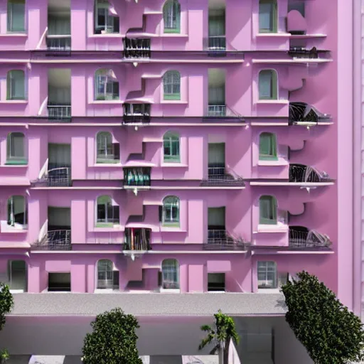 Prompt: Dali inspired apartment block in pink and teale pastel colours, hyperrealistic, octane render, architectural perfection, insane detail