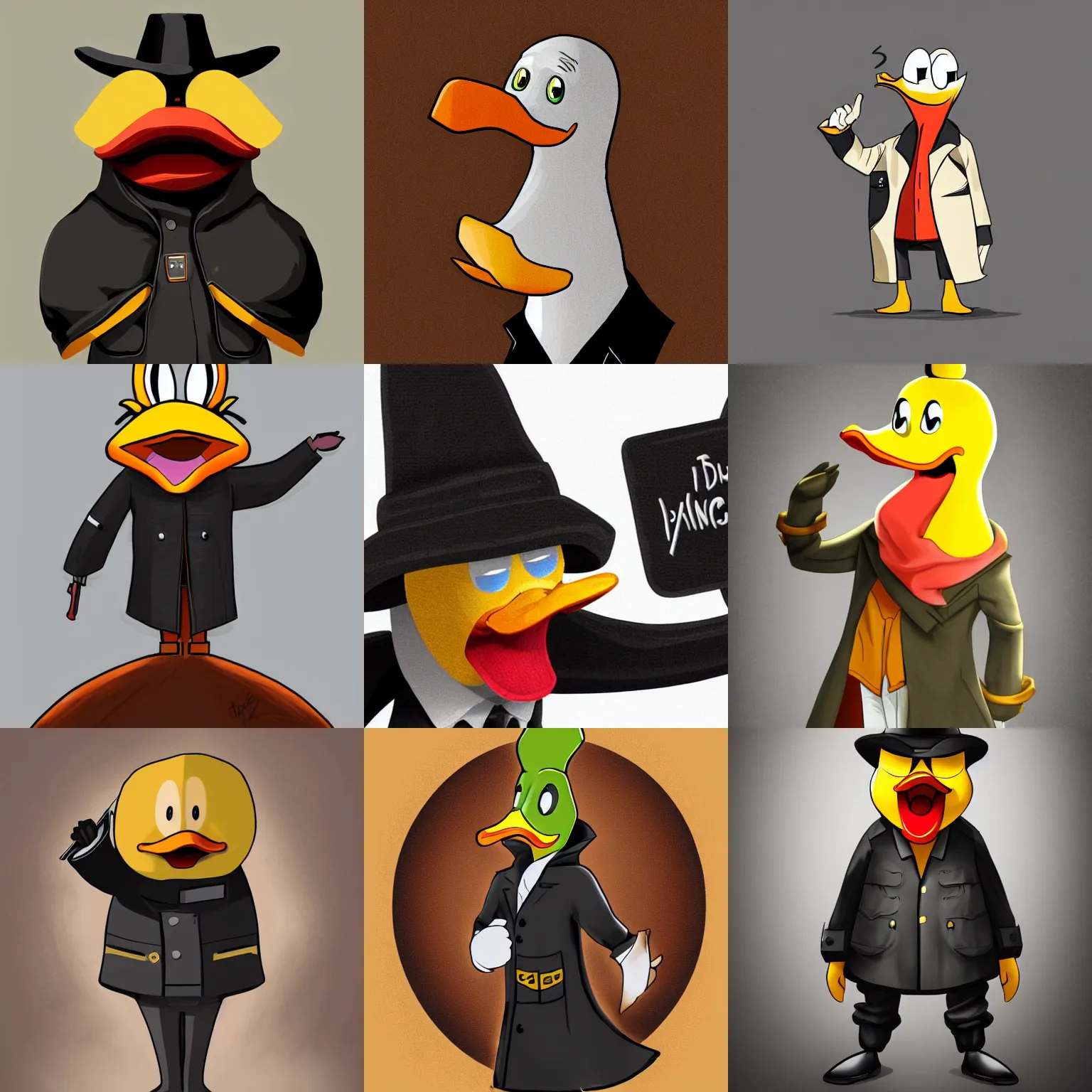 Prompt: anthropomorphic duck dictator wearing a black trench coat grinning menacingly with his eyes closed and arms raised, digital art, highly detailed, artstation, illustration