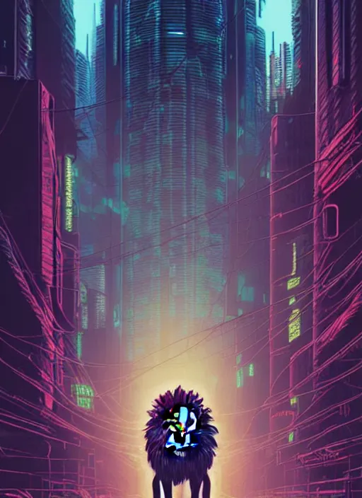 Image similar to a lion in cyberpunk city abandoned by dan mumford, center frame singular high fantasy character concept art symmetrical features, digital painting, sharp focus, illustration