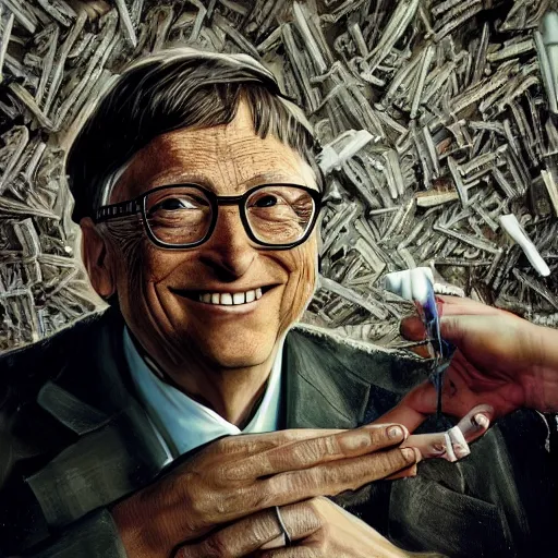 Image similar to bill gates holding a vaccine in his hand, body horror, by ralph steadman, feeling of grimdark, sharp focus, fiction, hyper detailed, digital art, trending in artstation, cinematic lighting, studio quality, smooth render, unreal engine 5 rendered, octane rendered, art style and nixeu and wlop and krenz cushart