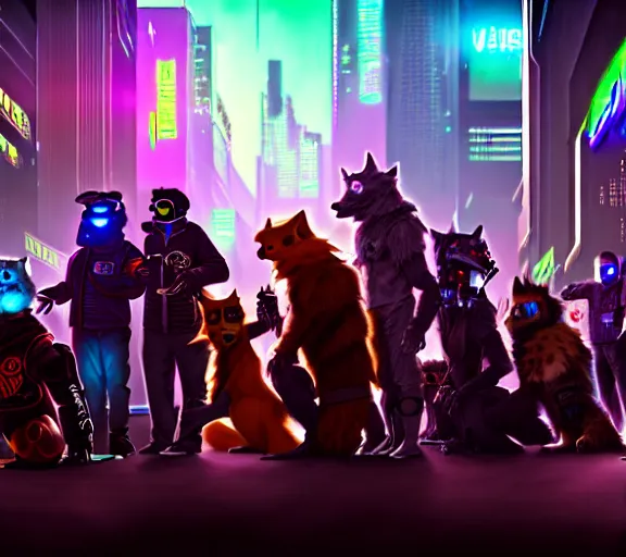 Image similar to high - resolution photograph from a cyberpunk era furry fandom convention ( midwest furfest 2 0 4 7 ), taking place after the genetic revolution and singularity. photorealistic.