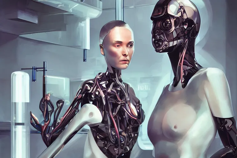 Image similar to androgynous cyborgs creating humans in a sophisticated bio lab, specimens submerged in incubators, sci - fi, neon lighting, sophisticated, futuristic, highly detailed, intricate, sharp focus, digital illustration, smooth, by artgerm, wlop, syd meade, greg rutkowski, trending on artstation