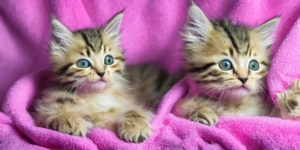 Image similar to oil painting of a fluffy tabby kitten wrapped in a pink towel, product photography of a shower curtain, product lighting. 4 k, highly detailed. saturated.