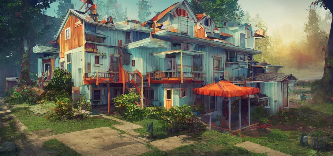 Image similar to retro house concept art, colorful, 8 k photorealistic, hd, high details, trending on artstation