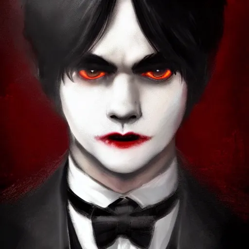 Image similar to full face shot of a handsome butler with straight black hair, a red highlight, long bangs, with alligator eyes, creepy smile, fancy, ultra detailed, brush strokes, digital painting, cinematic, wlop artstation, pixiv, intimidating glare, yoshitaka amano, andy warhol, ultra realistic,