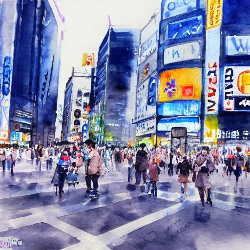 Prompt: shibuya crossing, water color painting