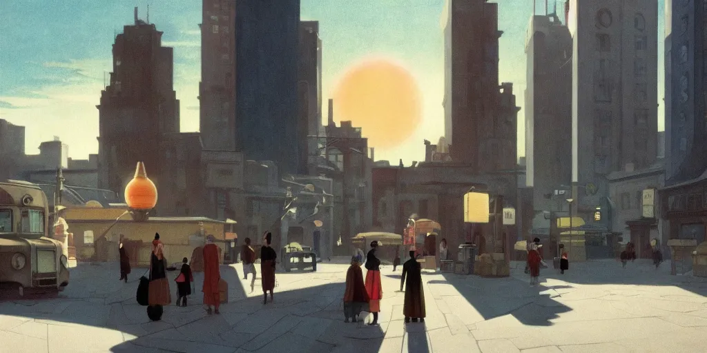 Prompt: A mysterious glowing and powerful atom shines above a city square, dieselpunk, by Studio Ghibli and Edward Hopper