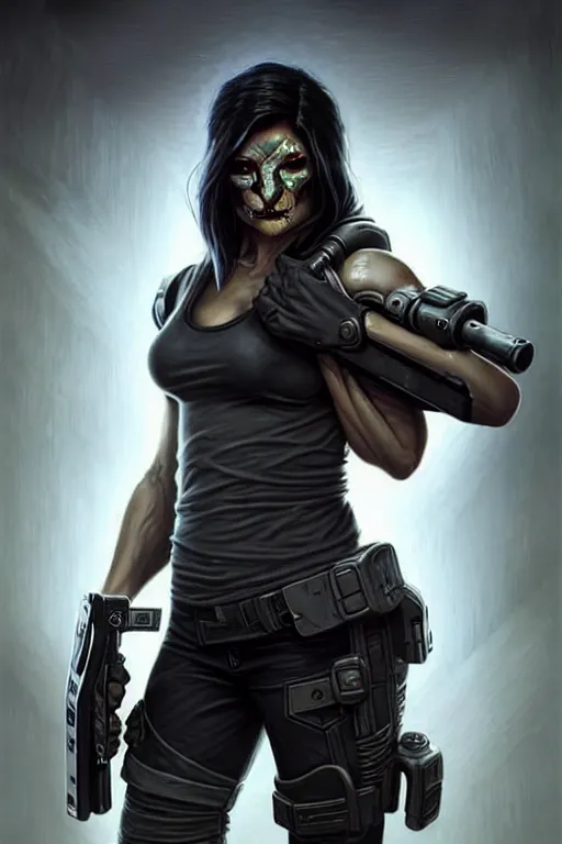 Image similar to gina carano as a shadowrun ork with prothesis grey metallic left arm, casual black clothing, muscular, realistic proportions, casual pose, large portrait, sci - fi, rpg character, digital painting, artstation, concept art, smooth, 8 k frostbite 3 engine, ultra detailed, art by artgerm and greg rutkowski and magali villeneuve