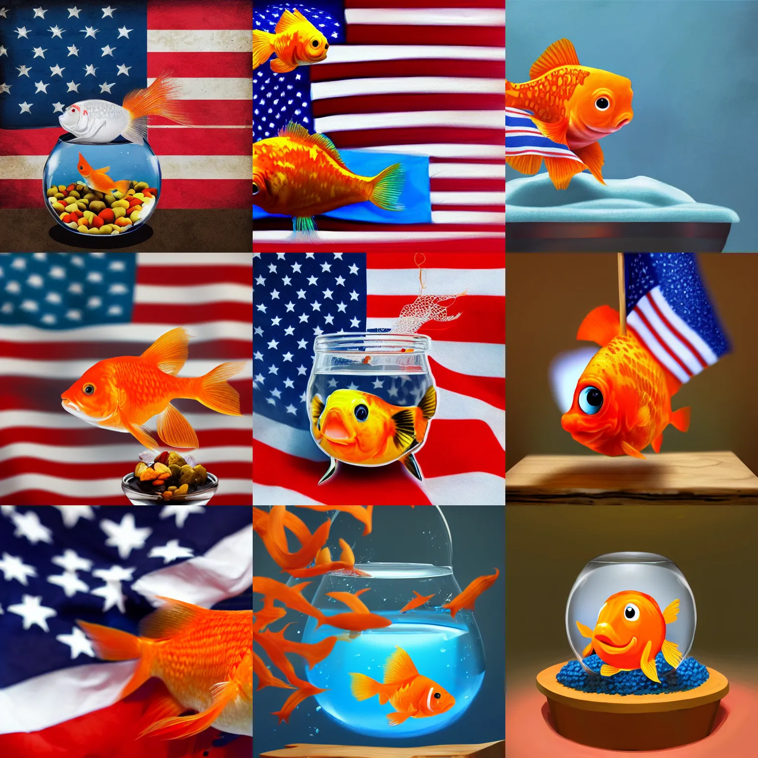 Prompt: a cozy scene of a goldfish looking very smug in his fish bowl, holding an american flag in his fins, high quality, detailed, digital art, 4 k, trending on artstation, prize winning, cartoony, extremely detailed