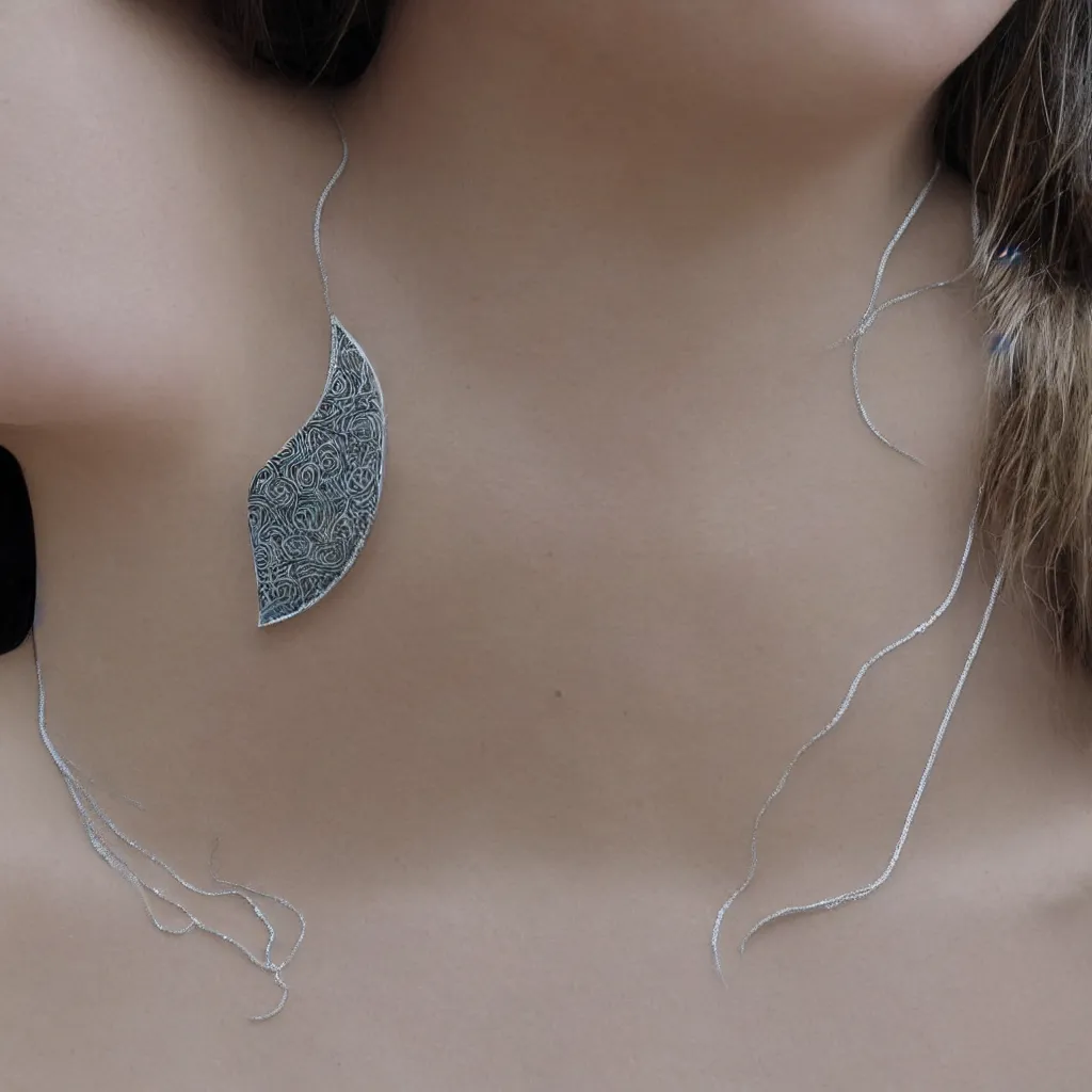 Prompt: Amulet Of Wave inlaid in silver, on a young beautiful woman neck, realistic, clean,