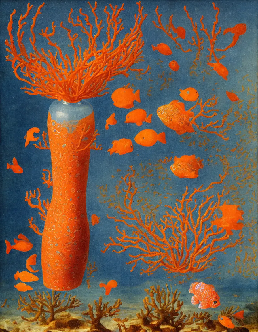 Image similar to bottle vase of coral under the sea and in the sky decorated with a dense field of stylized scrolls that have opaque outlines enclosing mottled blue washes, with orange shells and purple fishes, ambrosius benson, oil on canvas, hyperrealism, around the edges there are no objects