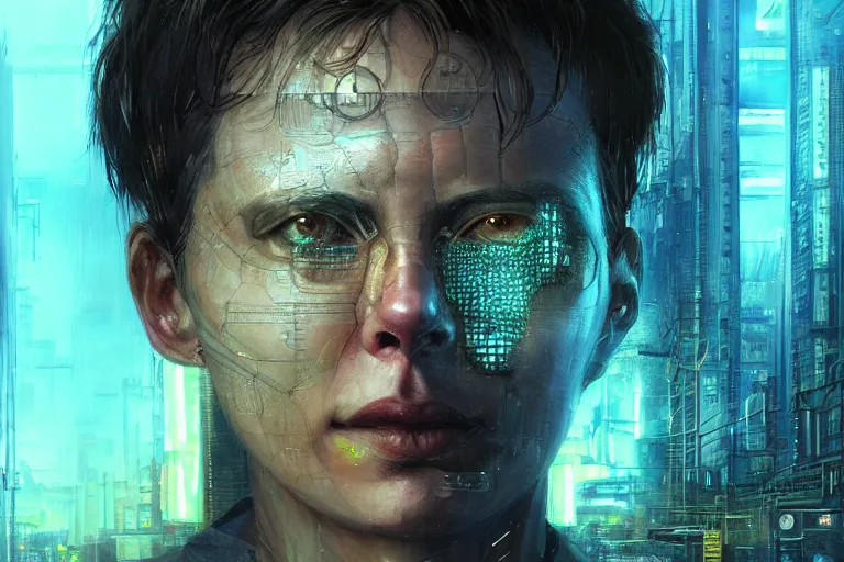 Image similar to A neuromancer very highly detailed digital artist with very highly detailed face on the street of a very highly detailed neuromancer sci-fi city digital rational painting art by Greg Rutkowski, sci-fi highly detailed, digital concept art, Dimensional cyan gold natural light, sharp focus, Golden Ratio illustration, realistic concept art by Stephen Hickman and James Gurney and Hiromasa Ogura Ghost in the Shell rendered in Octane Render, From the distance