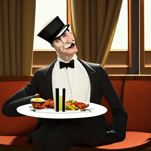 Image similar to a man in a tuxedo sitting at a table with a plate of food, an art deco painting by Patrick Brown, cgsociety contest winner, art deco, rendered in unreal engine, art deco, rendered in cinema4d